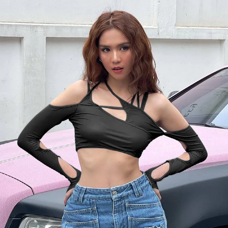 Europe and the United States y2k summer new women's solid color halter halter halter crop back sleeved blouse