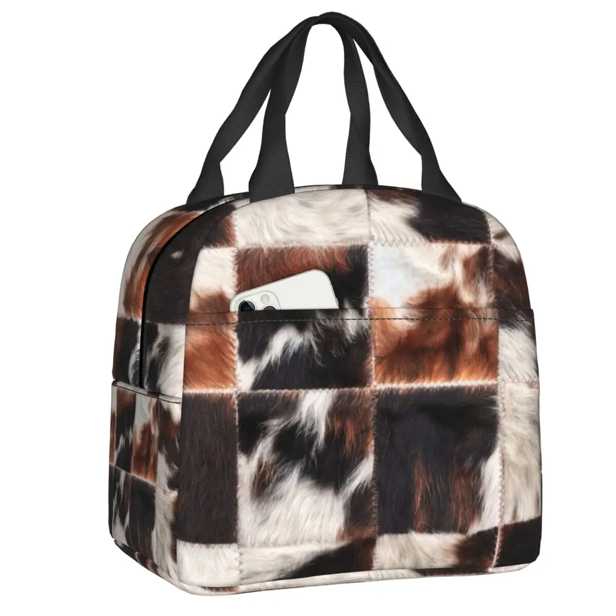 

Checkered Cowhide Fur Insulated Lunch Bag for Work School Animal Leather Texture Waterproof Thermal Cooler Lunch Box Women Kids