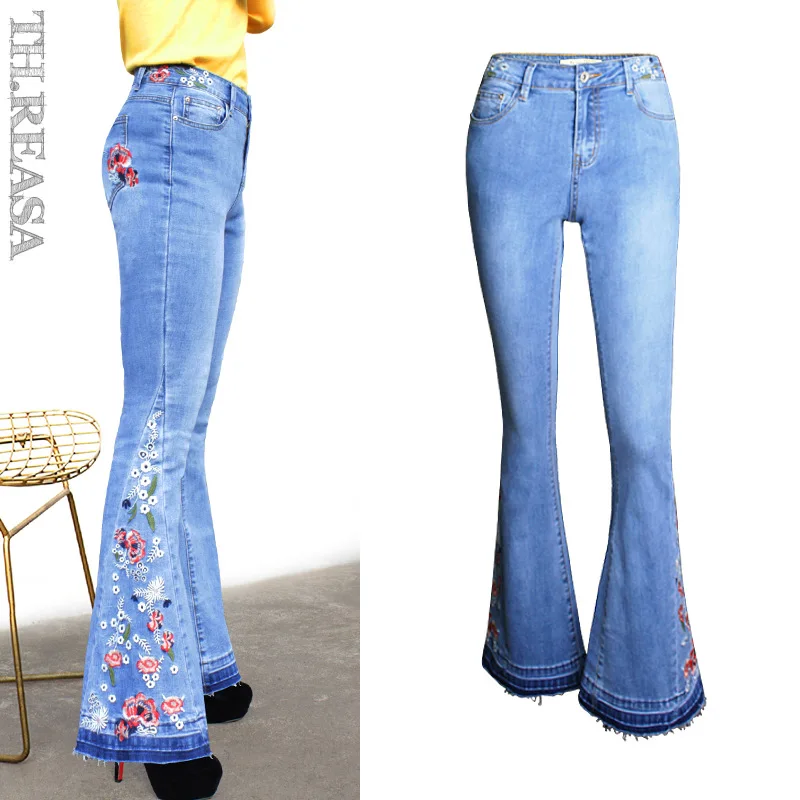 

European And American New Denim Wide Leg Pants Denim Flare Pants Female Embroidered Trousers Casual High Waist Jeans Women