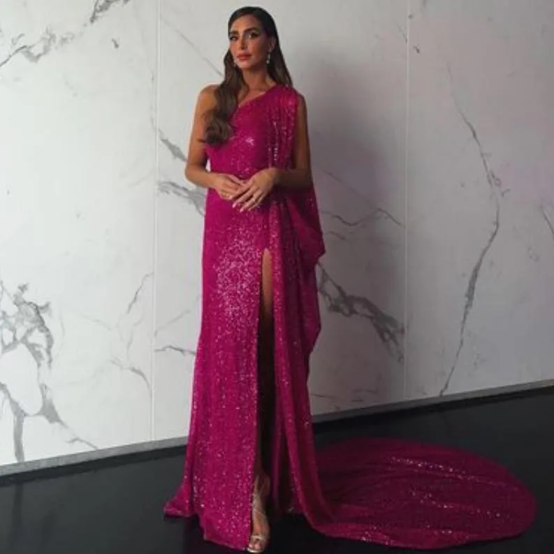 Fuchsia One Shoulder Dress With Mirror Work