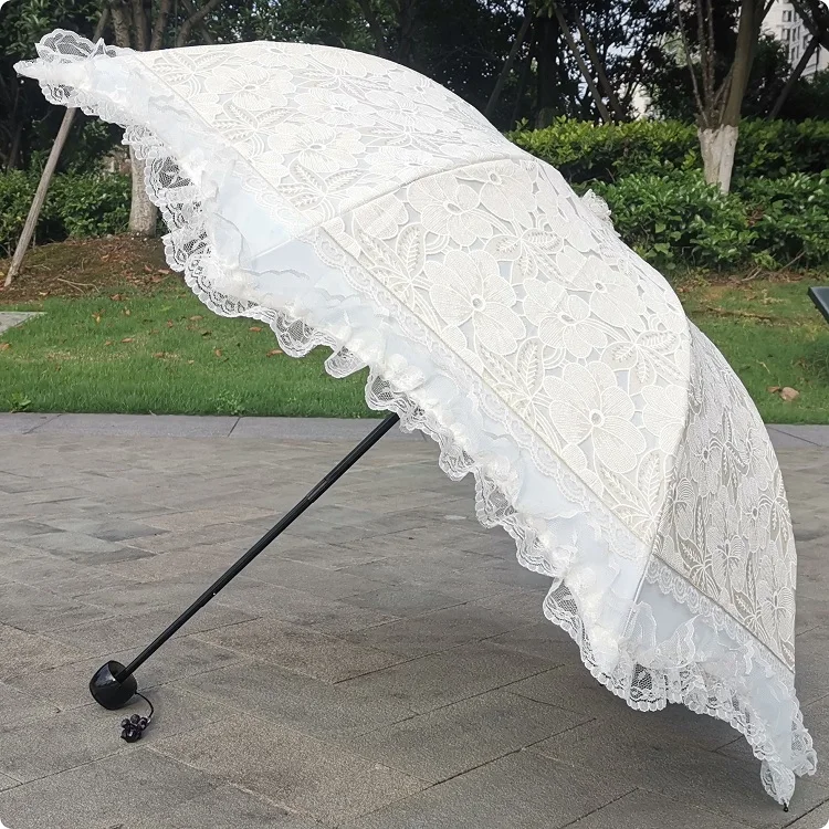 Lace Sun Umbrella for Women, Pink Flower, UV Protection, Princess