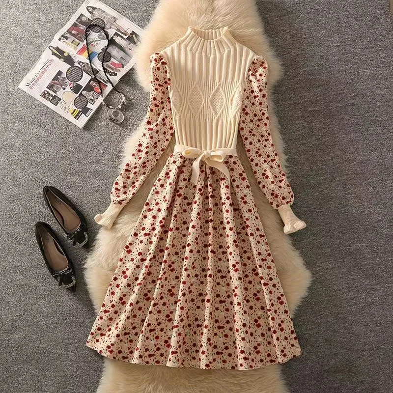 

Autumn Sweater Dresses for Women Winter Splicing Pullover Bow Belt Slim Knitting Sweet Corduroy Floral Print Midi Dress Vestidos