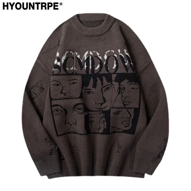Hip Hop Knitted Anime Oversized Sweater Mens Ripped Sleeve Pullover Streetwear Unisex New Casual Loose Sweaters Jumpers Knitwear