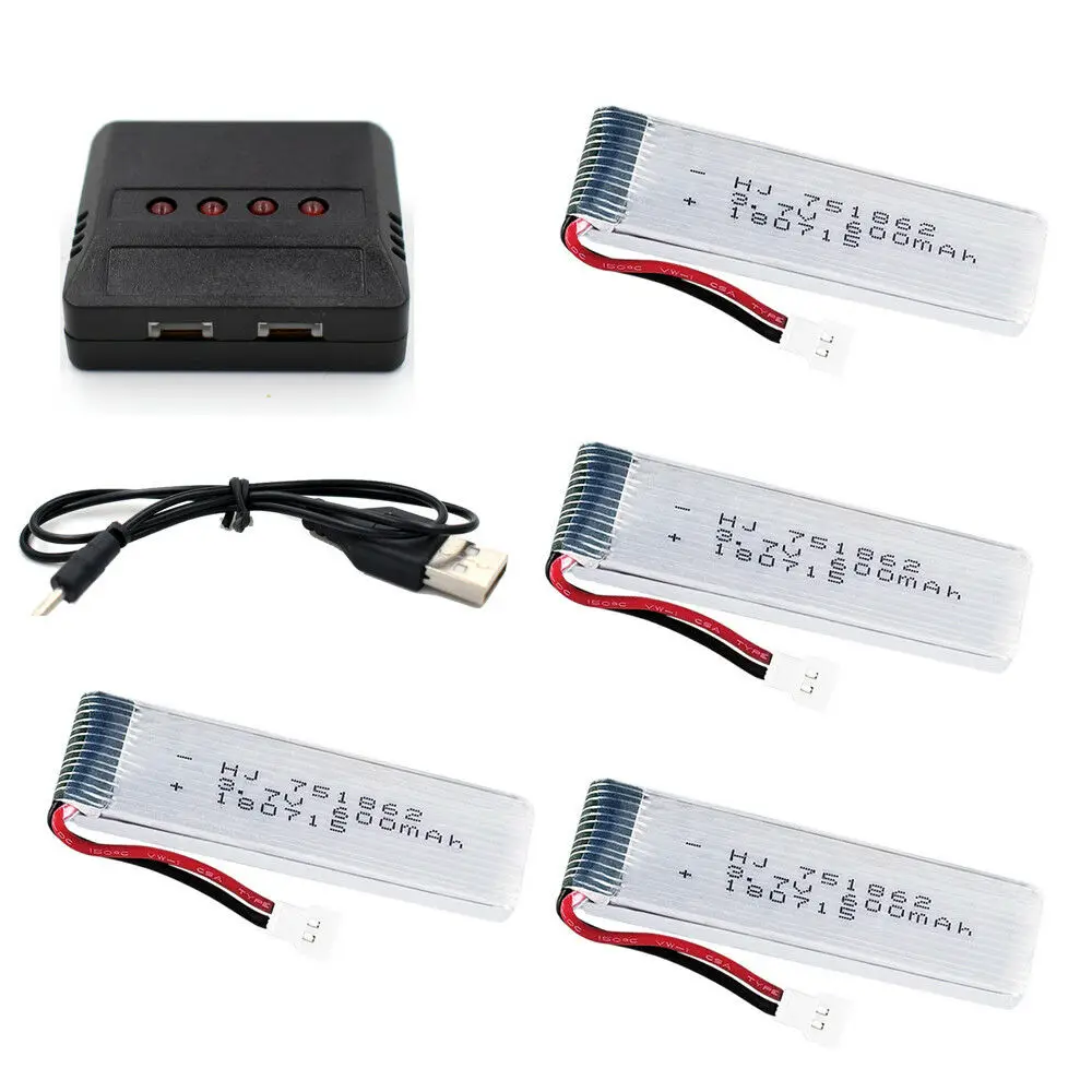 

4Pcs 751862 600mAh 3.7V Li-Po 20C Rechargeable Battery High Rate For Quadcopter Helicopter 51005 Plug+USB Charger