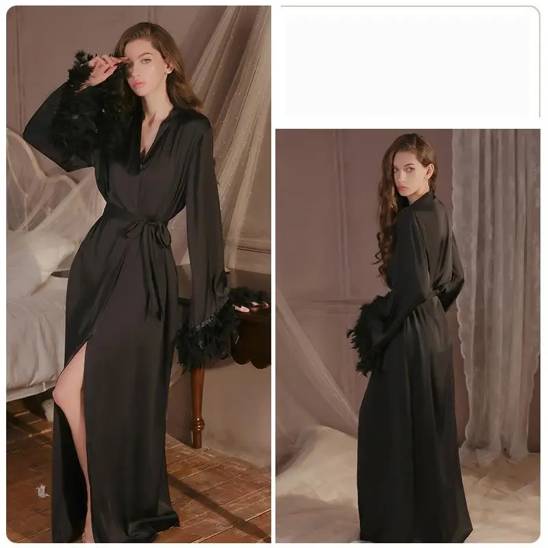 Red Bride Wedding Robe Dressing Gown With Feather Women Luxury Silky Satin Peignoir Sexy Kimono Long Bathrobe  Intimate Lingerie