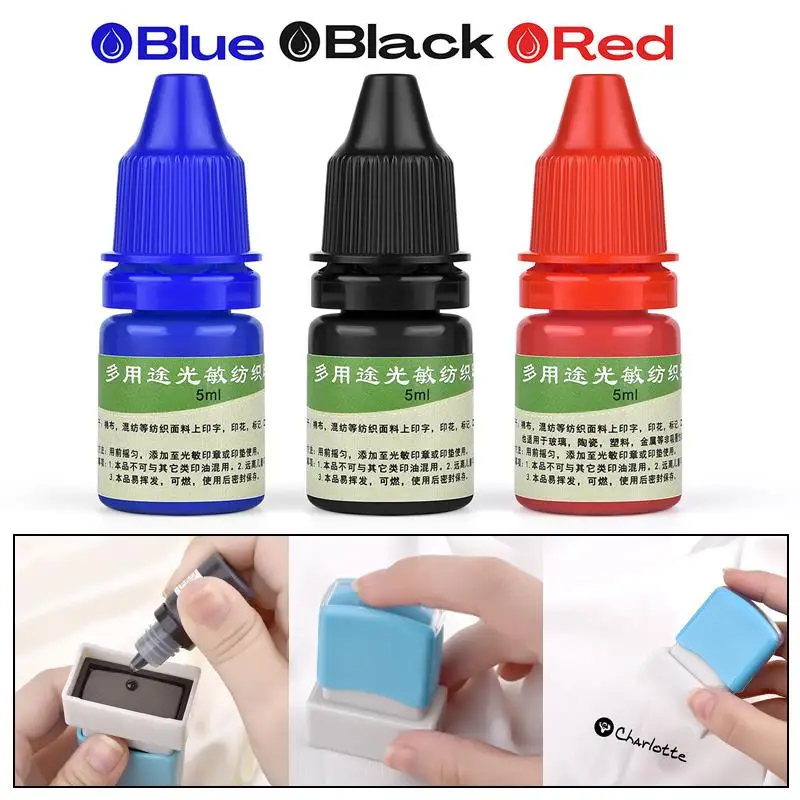 Textile clothes ink 5ml blue red black for students kids name stamp printing on clothing