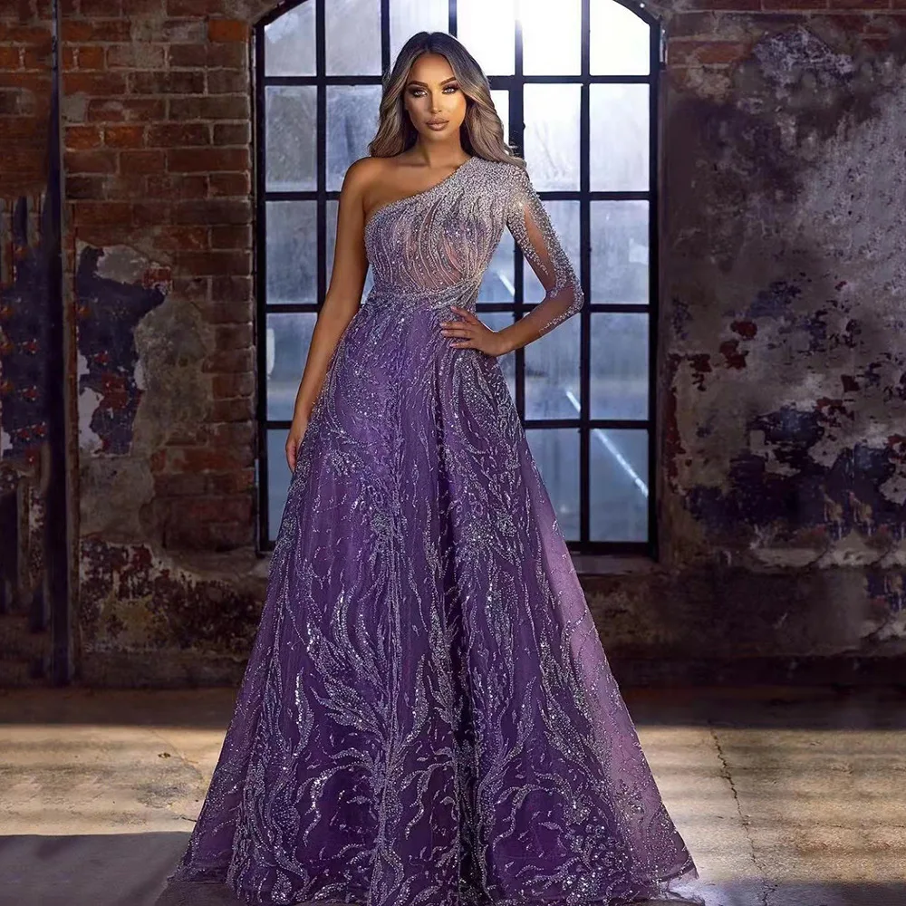 

Women Sexy A-line Floor Length Evening Dress Elegant Purple Sequins One Shoulder Party Dress
