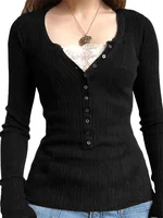 Women Button Front Knit Tops Long Sleeve Lace Patchwork Slim Fit Sweater Fall Fairy Grunge Gothic Y2K Clothes - Image 3