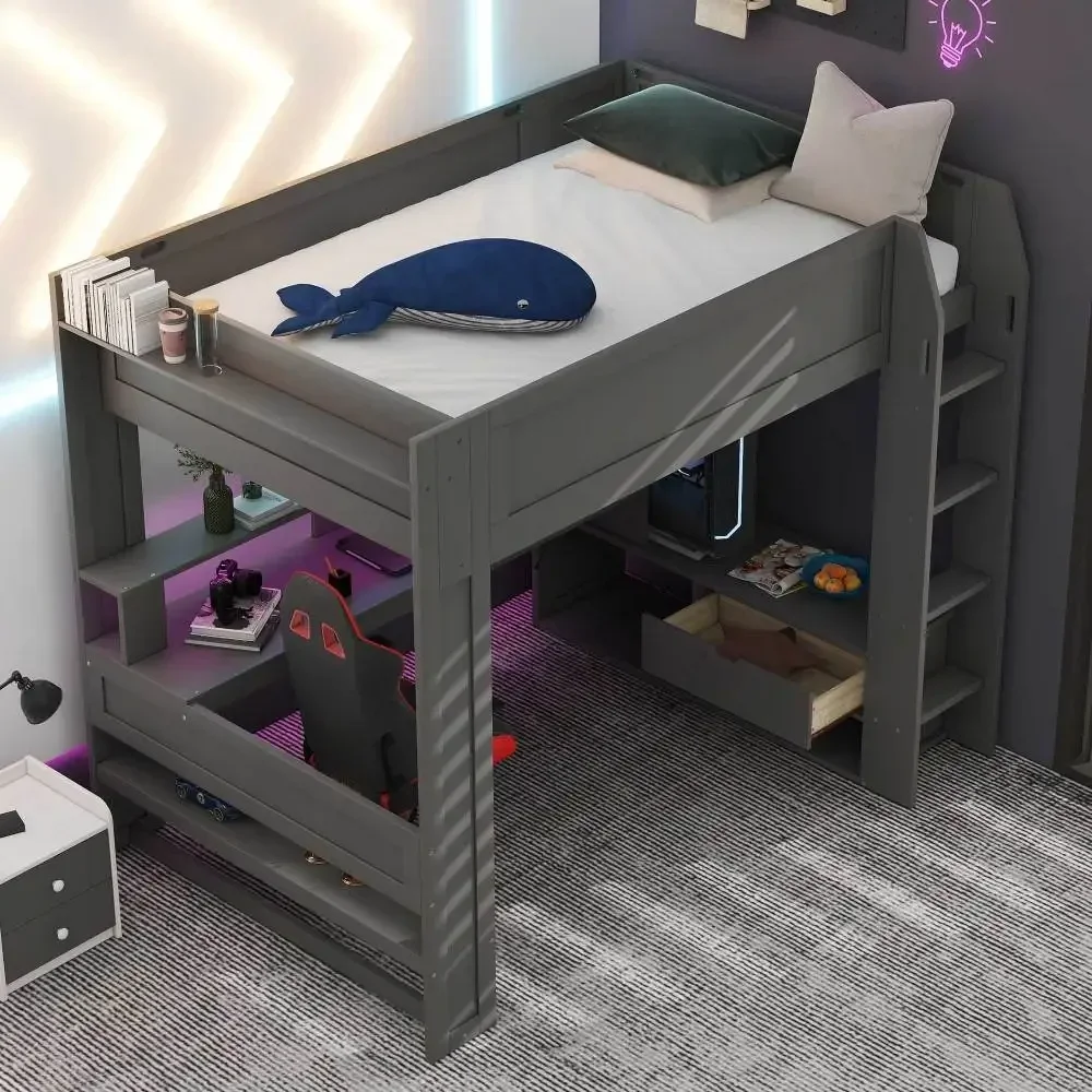 Wood Full Size Gaming Loft Bed Desk, Multi-storage Shelves,LED and Charging Station,Dark Gray Kids Bed Boys Bed Children's Beds 3