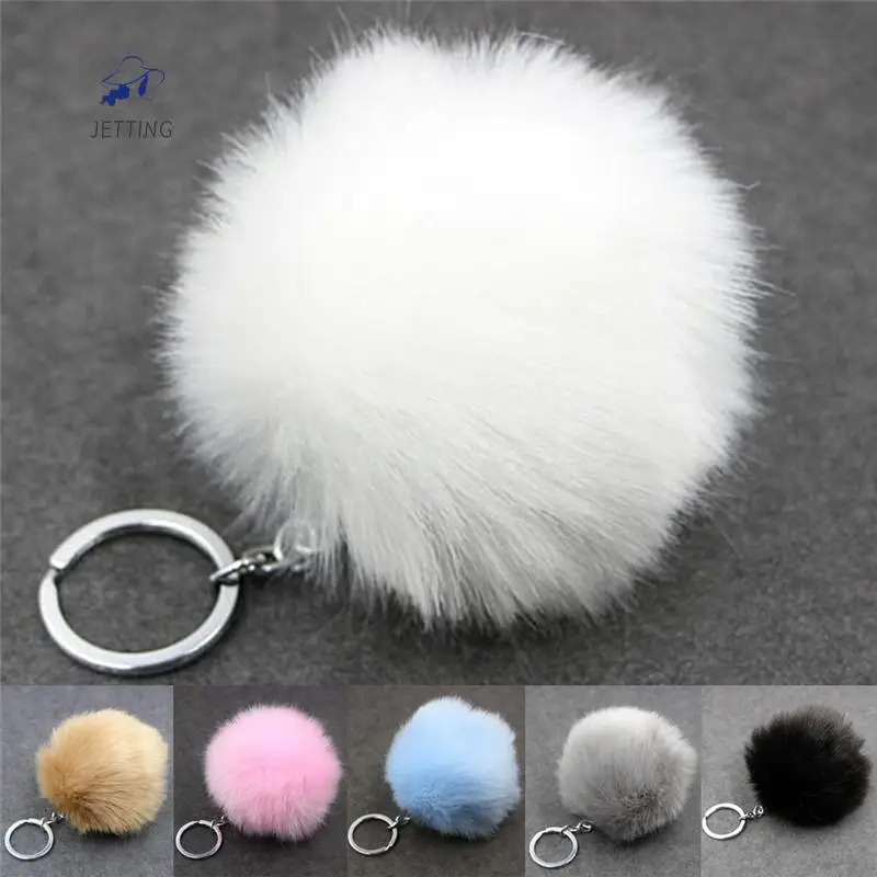 

1Pcs Silver Metal Auto Key Chain Faux Rabbit Fur Ball Buckle pom pom fluffy porte clef llaveros Keychain For Bag