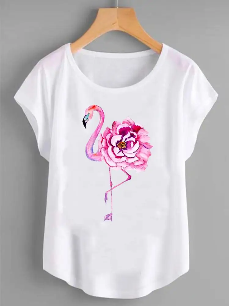 

Flamingo Flower Trend Fashion Shirt Female Graphic T Top Women Print Summer T-shirts Clothing Short Sleeve Cartoon Tee T-Shirt