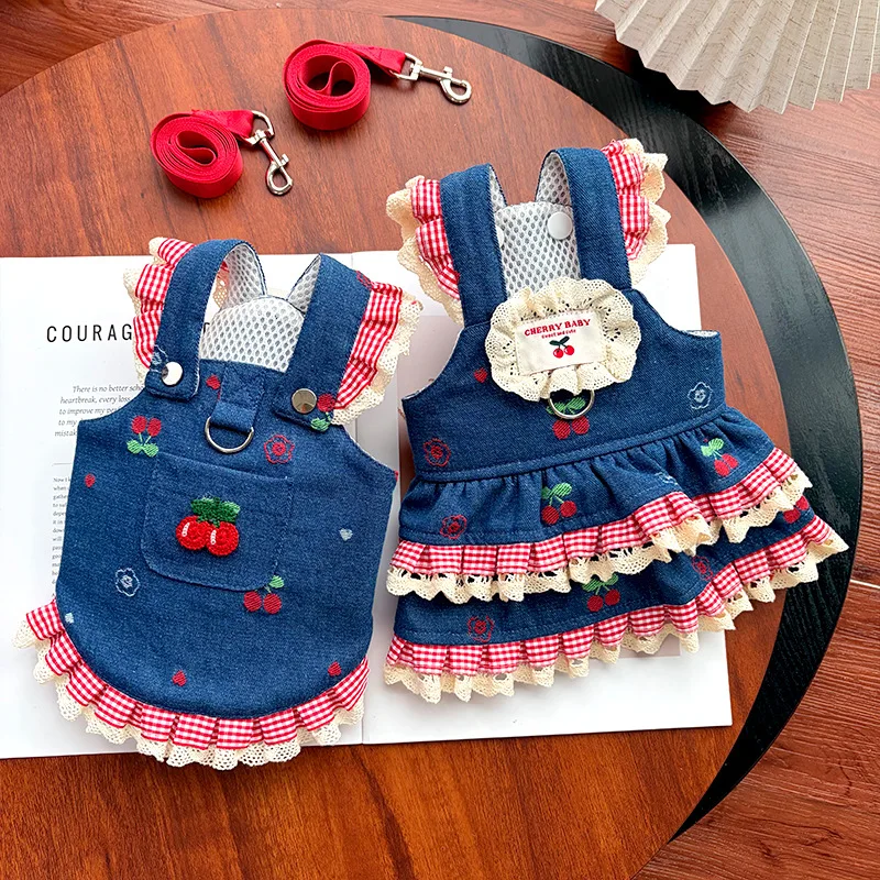 Conjunto de vestido para perro con correa, ropa para perros, elegante disfraz de mezclilla, suministros para gatos y perros, chaleco de malla suave para cachorros, mono de una pieza_voghion.com