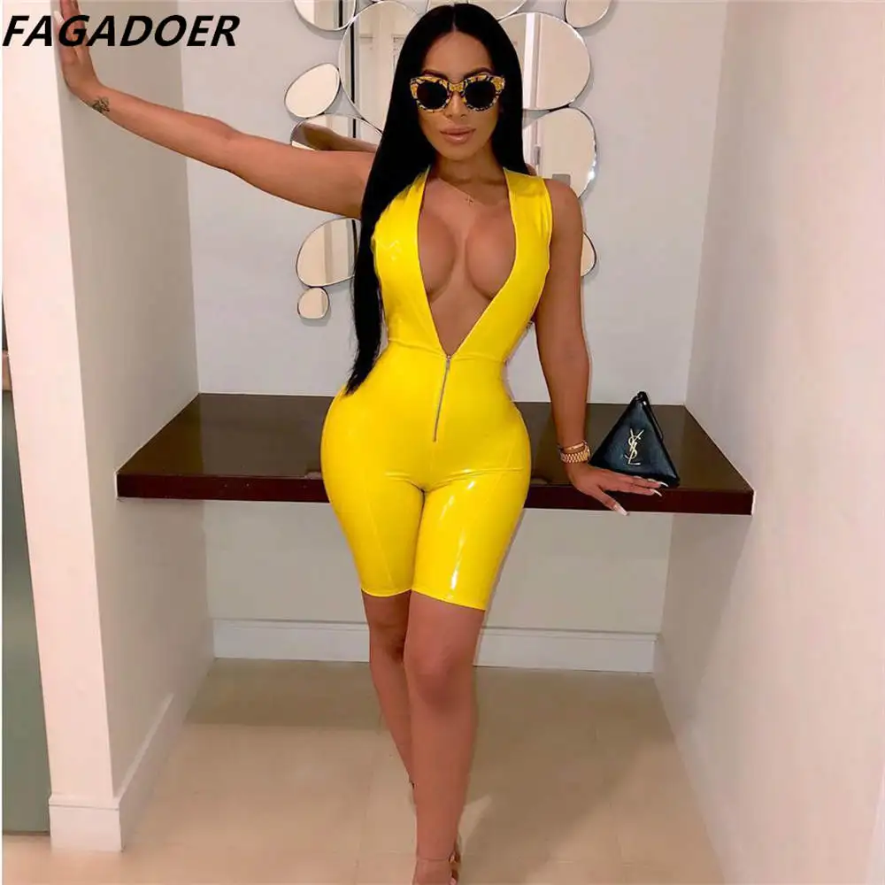 FAGADOER Sexy Bodycon PU Rompers Women Zipper Patent Leather Jumpsuit Summer Solid Sleeveless Shorts One Piece Playsuit Clubwear