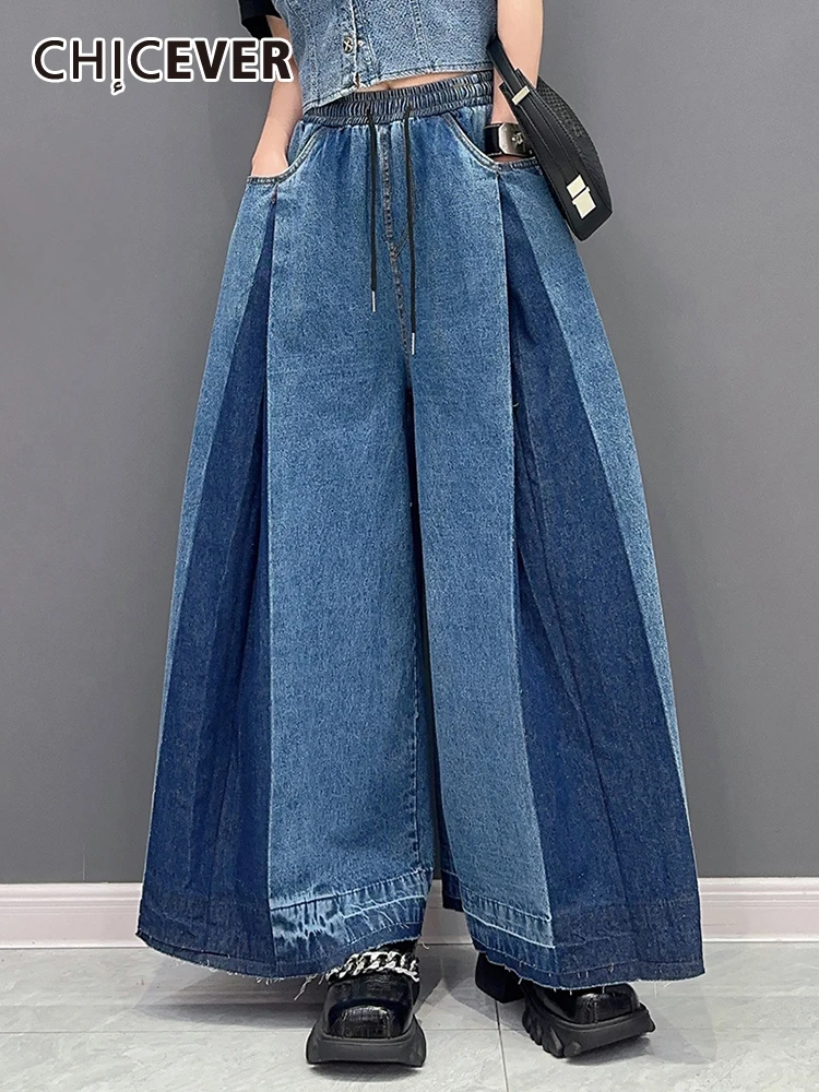 

CHICEVER Hit Color Denim Wide Leg Pants For Women High Waist Patchwork Pockets Vintage Loose Summer Straight Jeans Female 2023