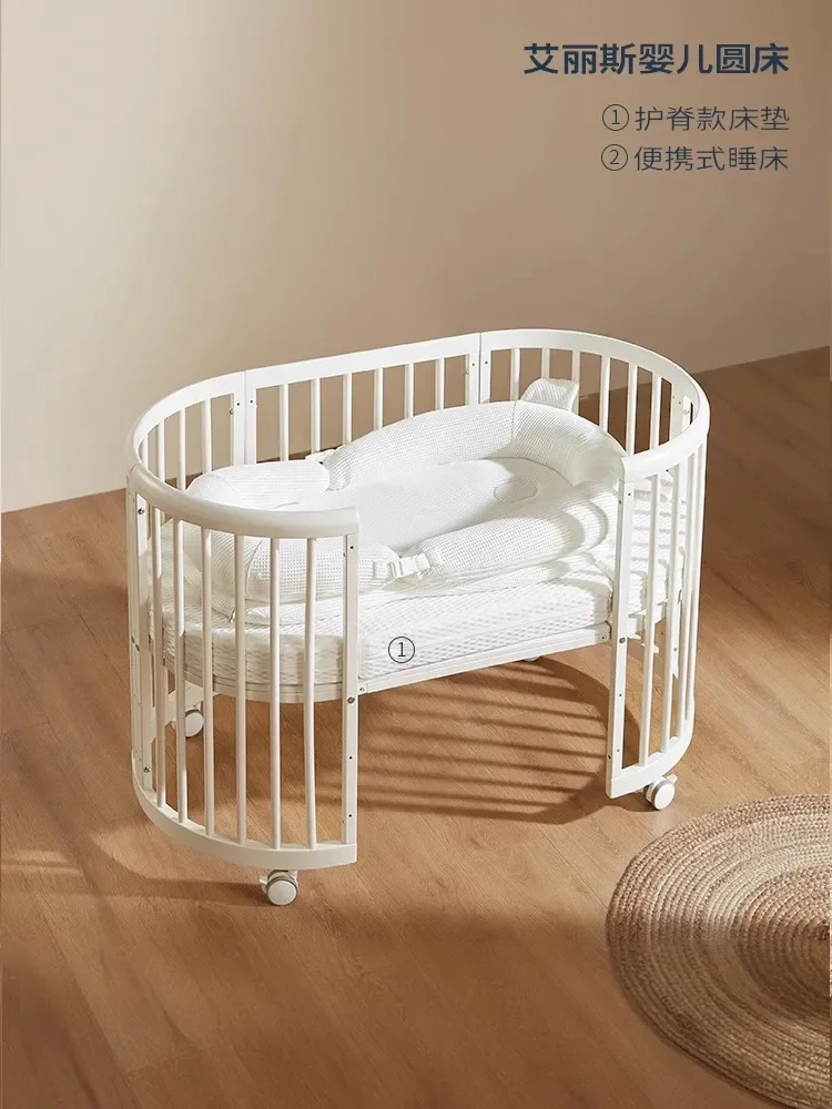 Solid wood splicing large bed multi-functional movable baby small round bed 0-6 years old newborn cradle