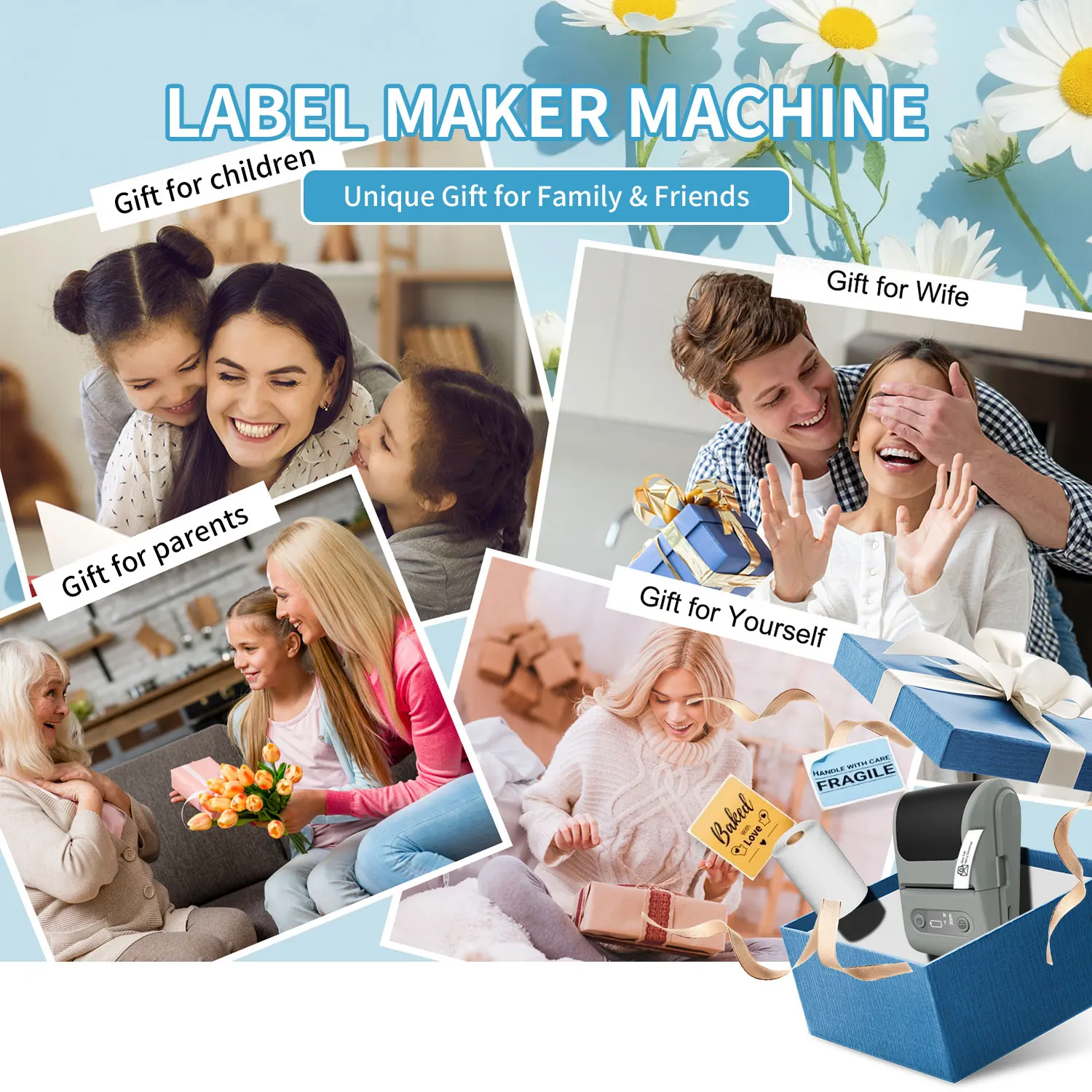 휴대용 열전사 프린터 테이프 포함 2인치 접착 라벨 기계 미니 블루투스 스티커 메이커 방수 라벨 롤