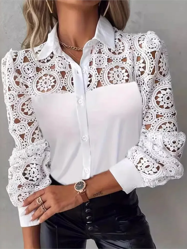 

Lace Elegant Women's Blouse Sexy Hollow Lapel Button Up Long Sleeve Office Ladies Shirt 2024 Sping Autumn Fashion White Top