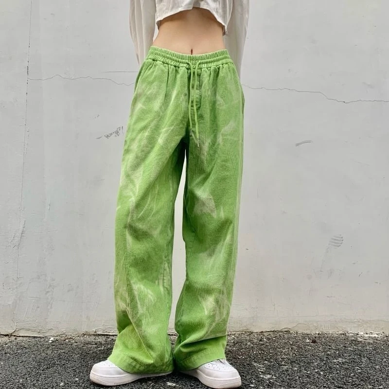 dress pants Y2K Green Corduroy Casual Streetwear Pants Women's Spring Harajuku Style High Waist Loose Straight Drawing Wide Leg Pants work trousers