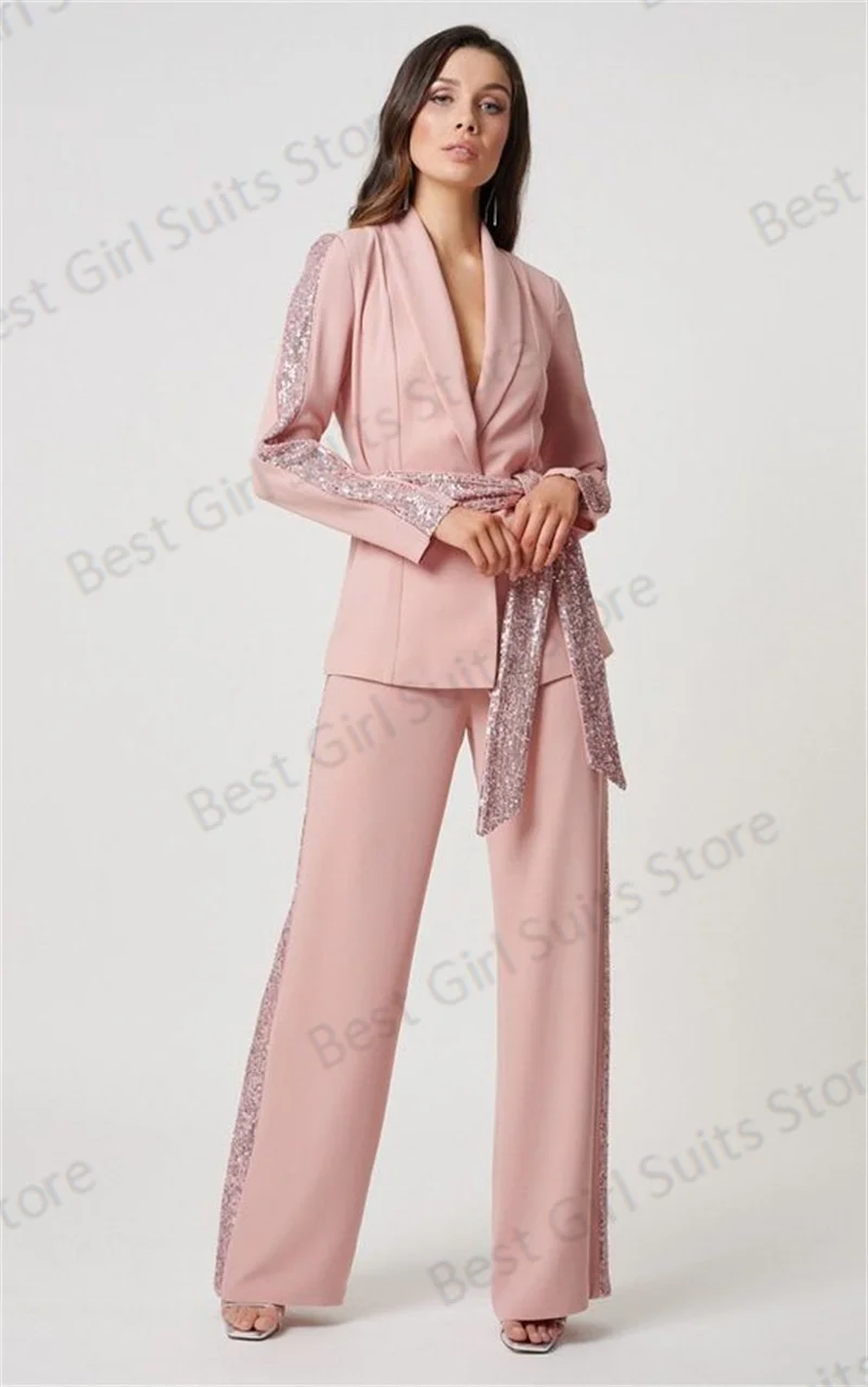 

Pink Sequins Women Pants Suit Set For Wedding Blazer With Belt+Trousers Designer 2 Pieces Office Lady Coat Gown Custom Made