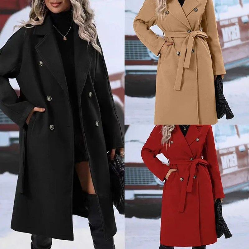 Womens Wool Blend Long Double Breasted Coat