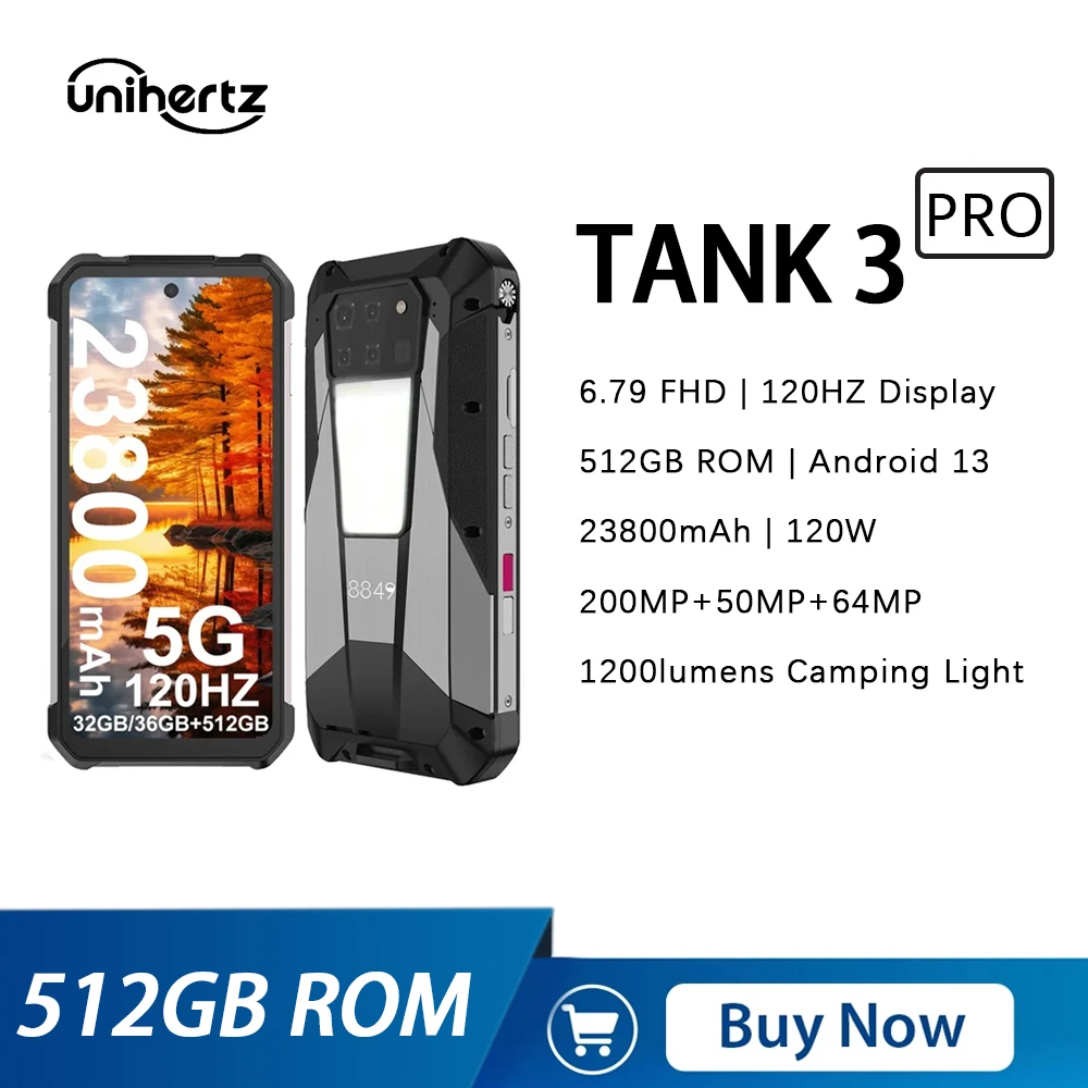 8849 Tank 3 Pro By Unihertz 5G Rugged Smartphone 100 Lumen 23800Mah 16/18Gb + 512Gb Octa Core Cell Phone 200Mp 120W Caricabatterie Rapido