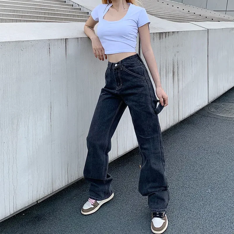 Women 2023 Autumn Spring 90s Wide Leg Jeans Retro Straight Grey Denim High Waist Washed Pants Big Pockets Streetwear Trousers