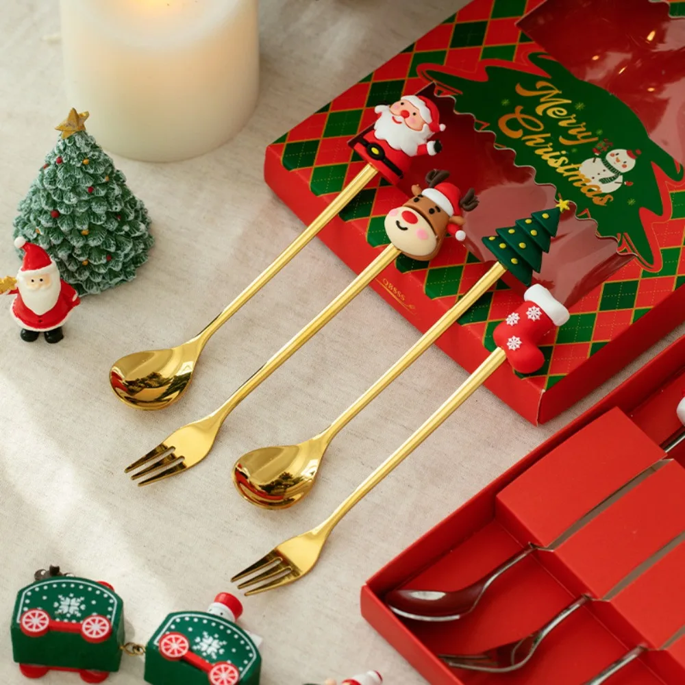 4PCS Santa Claus Spoon Fork Set Creative Christmas Theme Dessert Coffee Fruit Fork Spoons Tableware New Year Party Decor Gifts picnic cutlery set,western style cutlery set,camping cutlery set,stainless steel cutlery set,cutlery set,wooden cutlery set