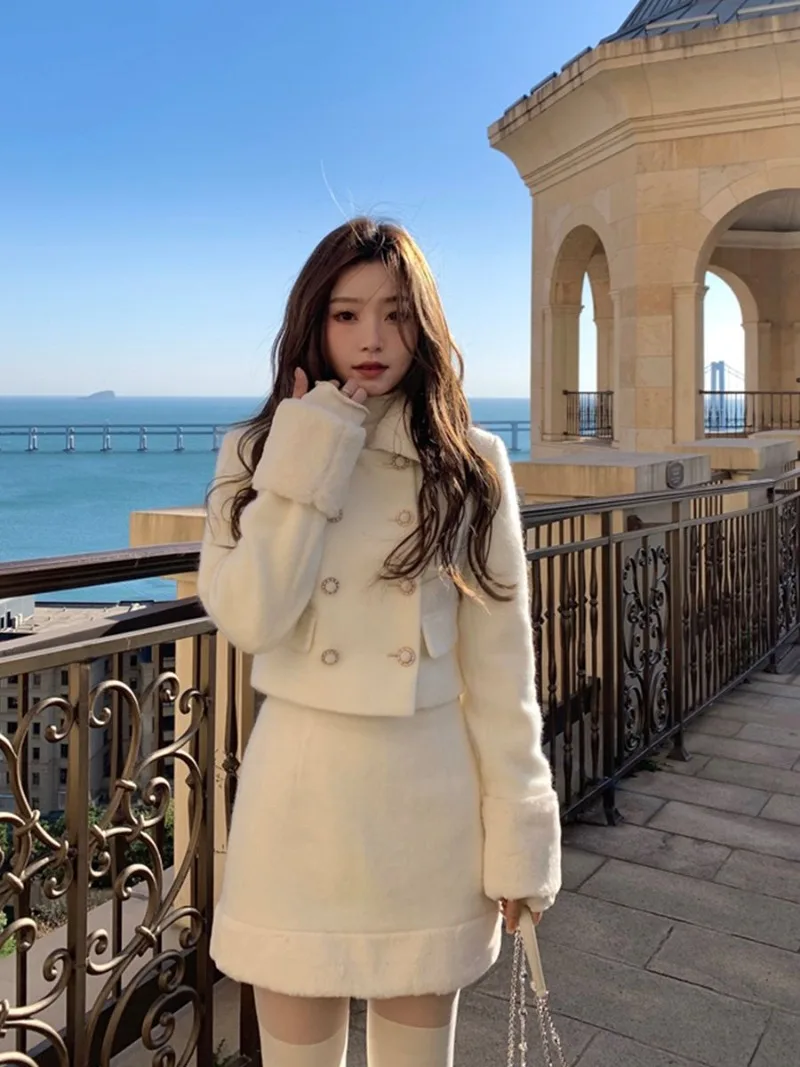 

Temperament Woolen Cashmere Jacket Skirt Women Korean Polo Neck Double Breasted Soft Glutinous Patchwork Sweet Fashion Warm Suit