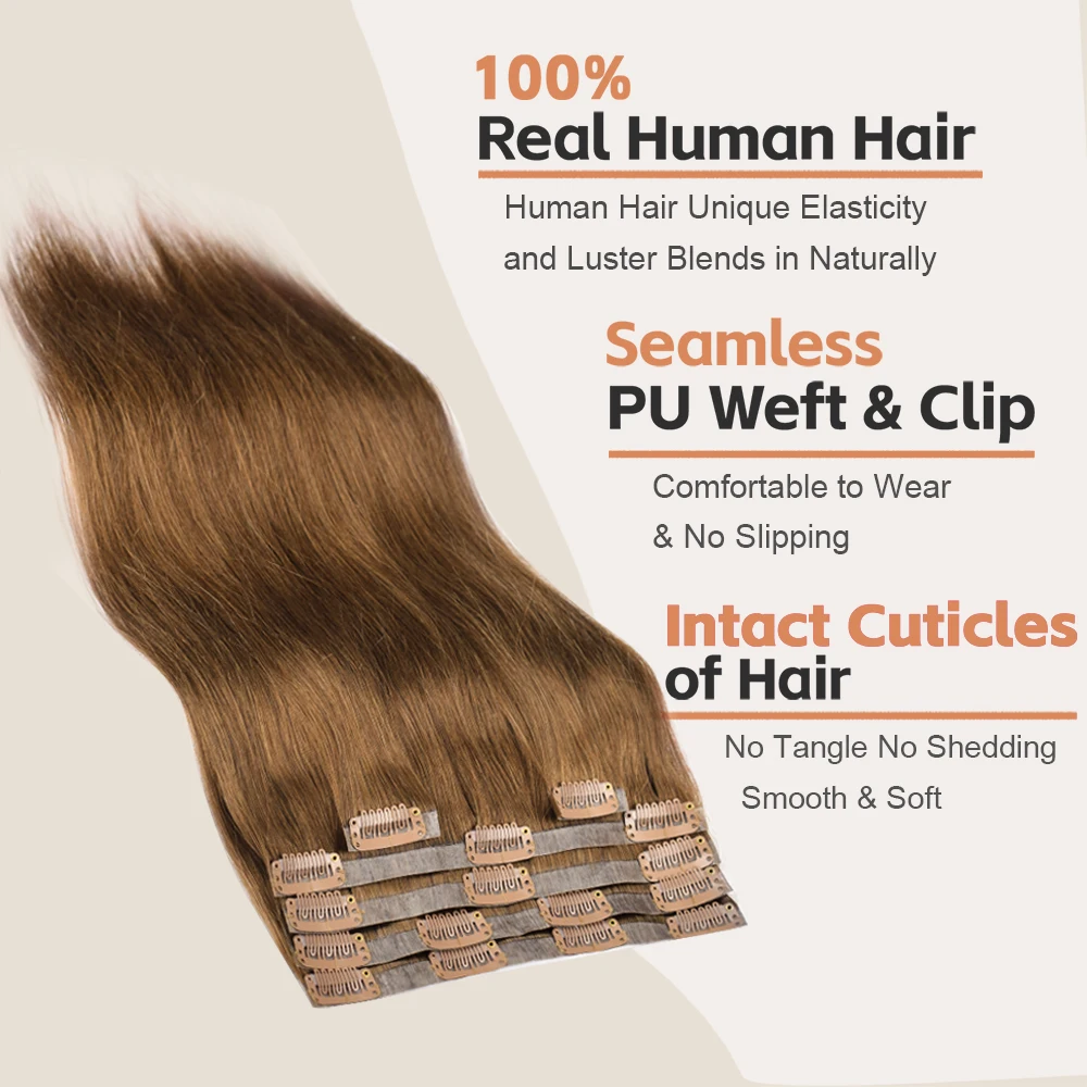 Straight Seamless Clip In Real Human Hair Hair Extensions 6Pcs 120g Seamless Invisible Brazilian Clip In For Woman