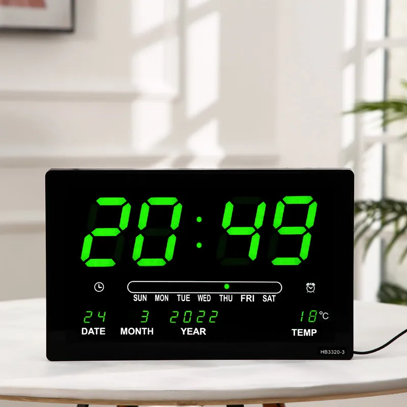 32x20x3CM Large Digital Wall Clock Alarm Hourly Chime Function Table Clock Calendar Temperature Electronic LED Clocks with Plug 