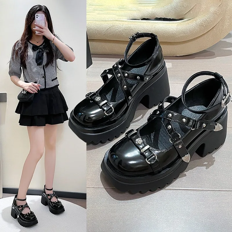 

Женские туфли в стиле "Лолита" с пряжкой, туфли с круглым носком в готическом стиле, обувь на платформе и высоком каблуке в японском стиле Харадзюку, туфли «Лолита», «Мэри Джейн», 2023
