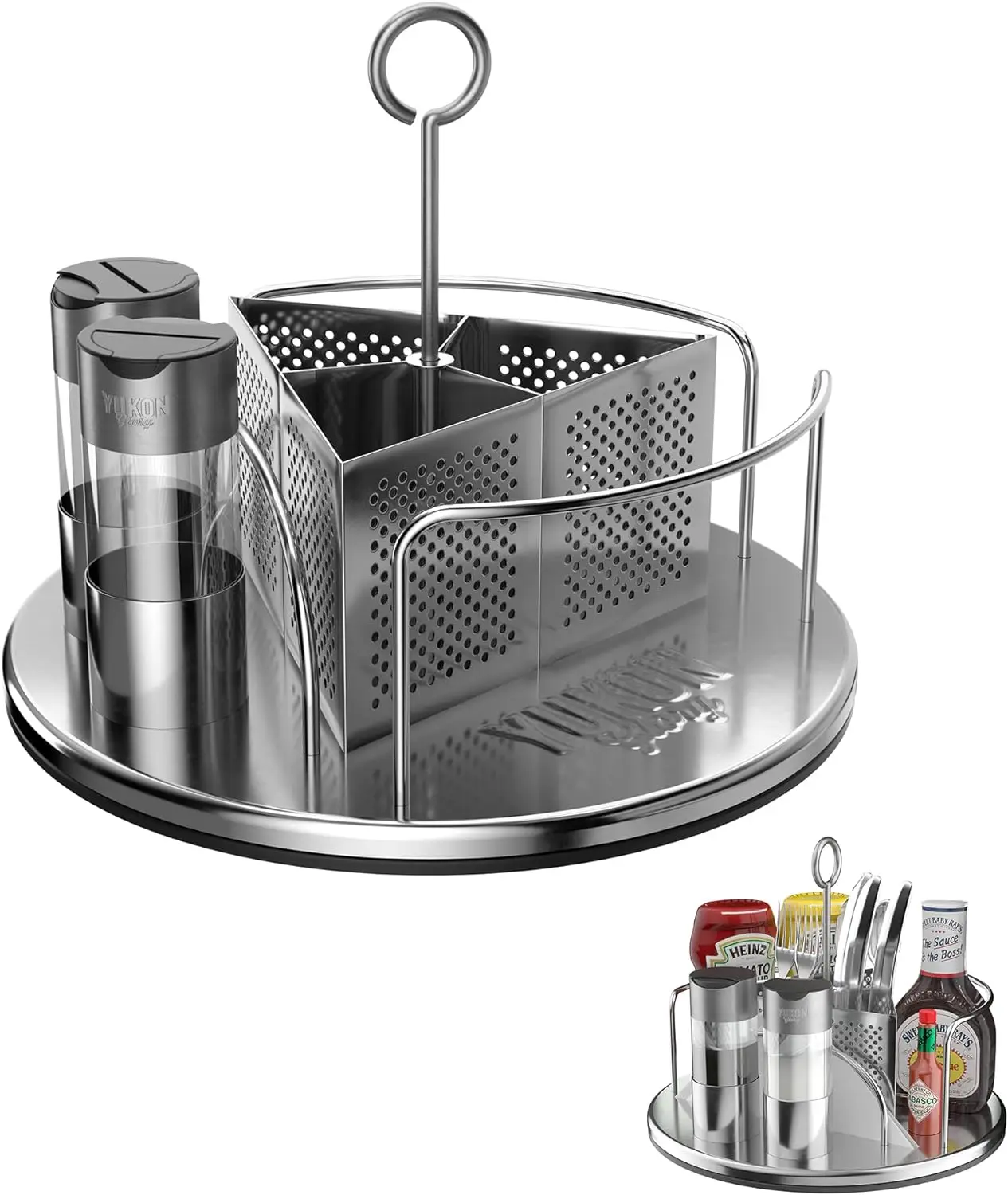 

Lazy Susan Caddy for Utensils, Condiments, Napkins, Salt & Pepper, Ideal for Picnics, Smokers, Tables and Outdoor Grills - Pla