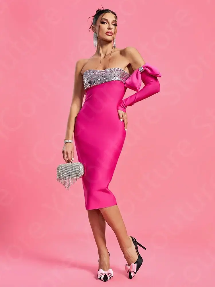 Hot Pink Cocktail Party Dresses Mid Calf Length Homecoming Gowns Off Shoulder Sleeve Pageant Dresses Sequined