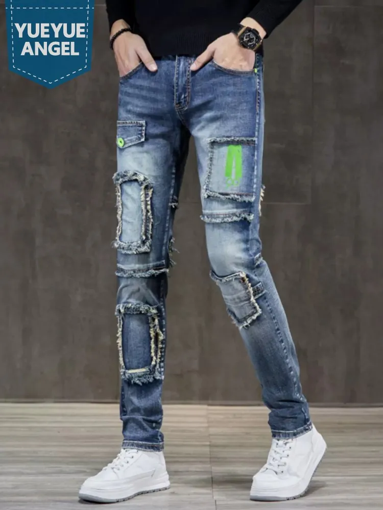 

Men Jeans Spring Autumn Slim Fit Pencil Pants Vintage Tassel Patch Spliced Straight Denim Pants Long Trousers Casual Cargo Pants