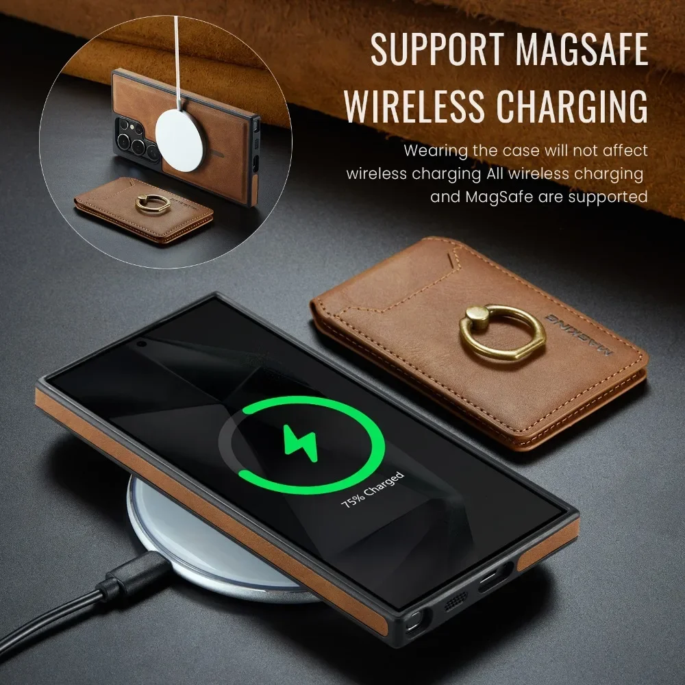 Detachable Magnetic Leather Wallet with Card Holder and Ring Cover