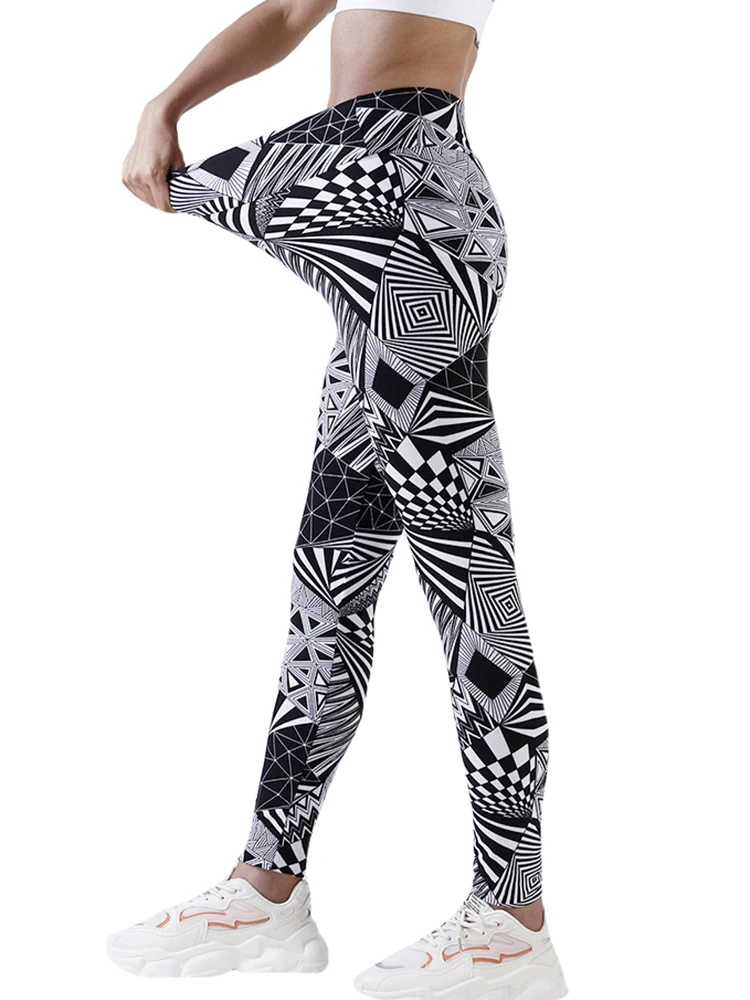 

YRRETY Summer Pants Women High Waist Leggings Black Triangle Stripe Print Yoga Pants Femme Workout Leggins Ladies Gym Clothing