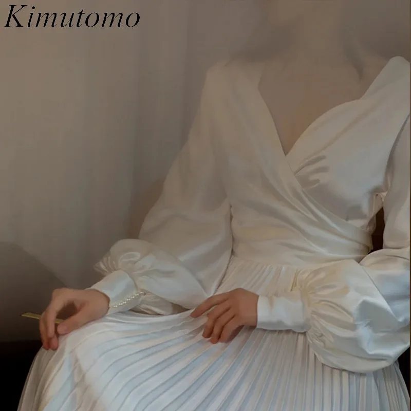 

Kimutomo Backless Satin Pleated Dress Simple Design Lantern Long Sleeves Engagement Dresses French Style Elegant Vestidos