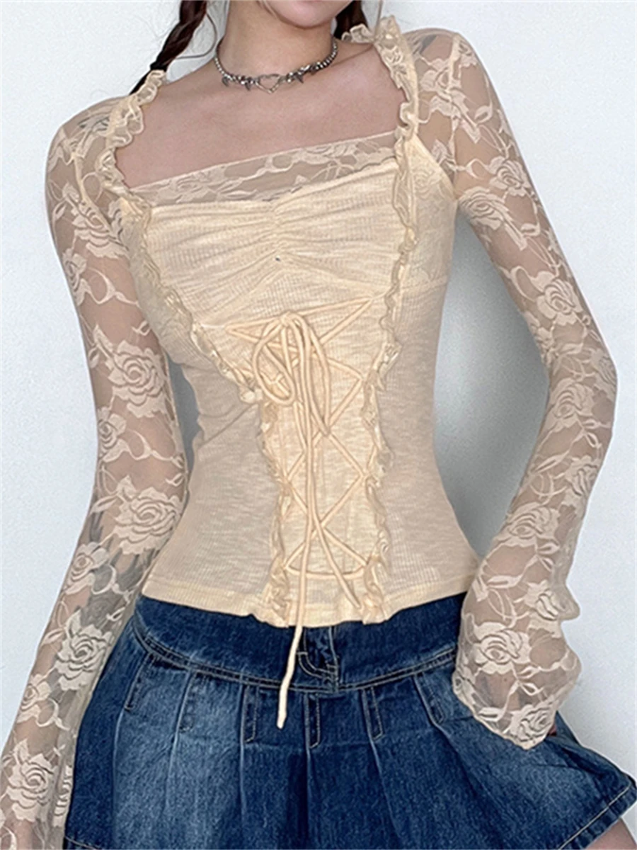 

Wsevypo милые Волшебные кружевные рукава футболки Женская оборка отделка крест Завязка спереди базовые Топы Эстетическая одежда приталенные рубашки