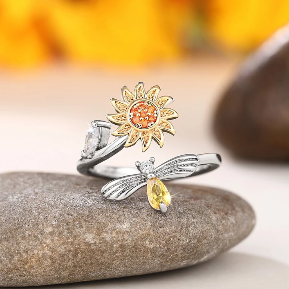 Anti-Stress-Spinner-Ring für Frauen, Drehbares Blumen-Bienen-Design, Verstellbarer Zirkon-Modeschmuck – Detail 3