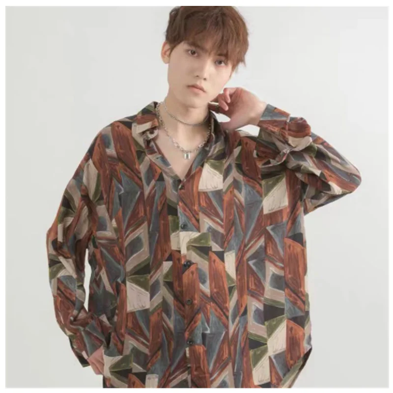 Fashion Street Geometric Blouse Shirt Hong Kong Style Spring/Summer Trend Retro Top Casual Loose Long Sleeve Shirt C0025