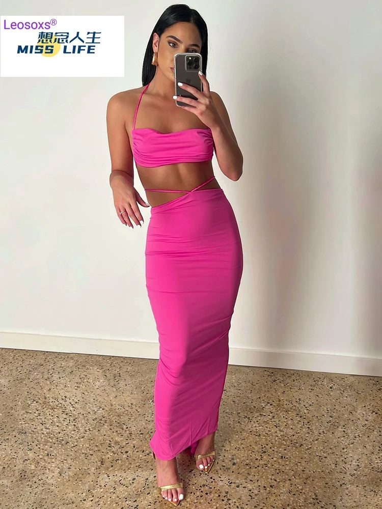 

Sanches Two Piece Set Summer Dresses Off Shoulder Crop Top And High Waist Pleat Midi Skirts Casual Y2K Party Club Vestidos