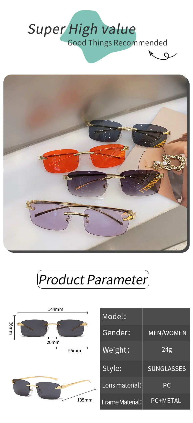 Stylish rimless rectangle sunglasses with tinted lenses and gold temples