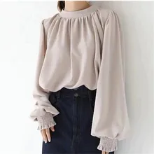 

Women's Blouse Japanese Korean Temperament Elegant Wrinkled Round Turtleneck Puff Sleeve Chiffon Shirt Top Autumn Spring Ladies