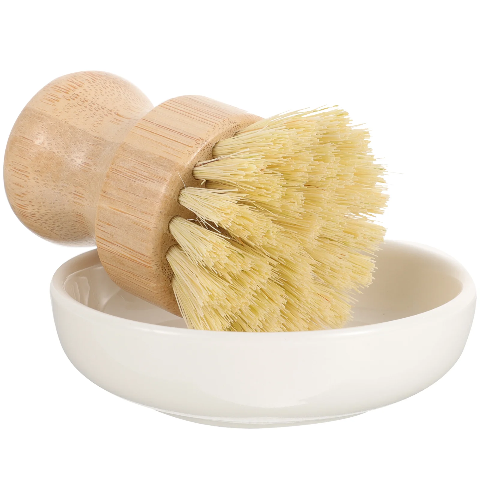 

Bamboo Dish Brush Ceramic Holder Bowl Cleaning Scrub Brush Pot Scrubber Brush Bubble Up Soap Dispenser Dish Pans