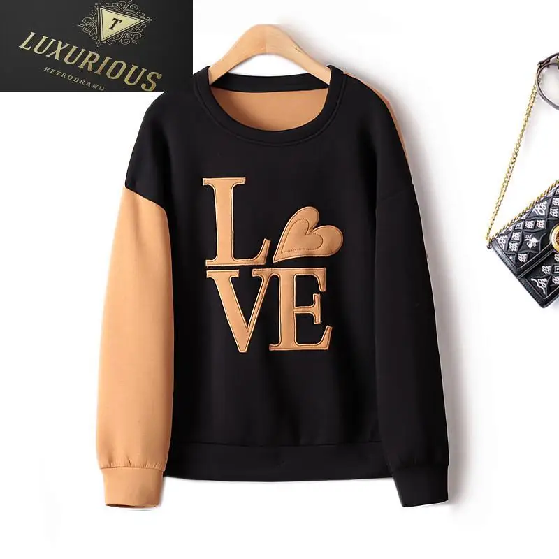 

Sweatshirts Women 2024 New Contrast Color Stitching Heavy Embroidery Letter Air Cotton Stretch O Neck Sweater Female Clothing