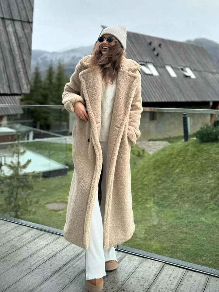 HH Vintage Teddy Long Coat Women Autumn Winter Lapel Chic