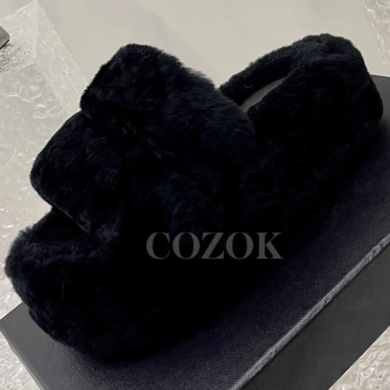 

Ladies Slippers 2023 Autumn New Solid Color Upper Wool Material Platform Sandals Comfortable Thick Bottom Female Bread Shoes