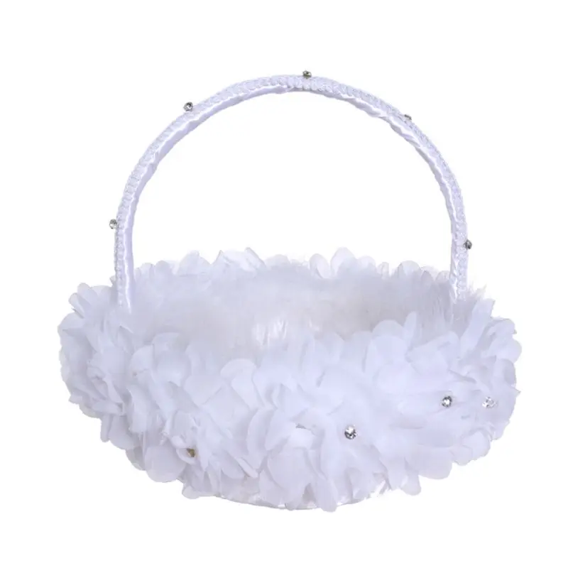 

Белая свадебная корзина для девочек-цветочниц со страусиным пухом и кружевными цветами F0S4