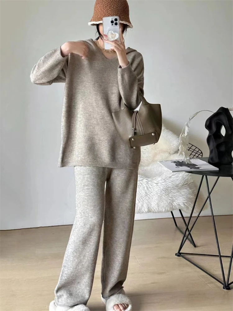 

Autumn Knitted Sweaters Pants Sets Women Loose Hooded Sweater Polo-Neck Straight Pants Female Elastic Waist 2 Piece Sets Women