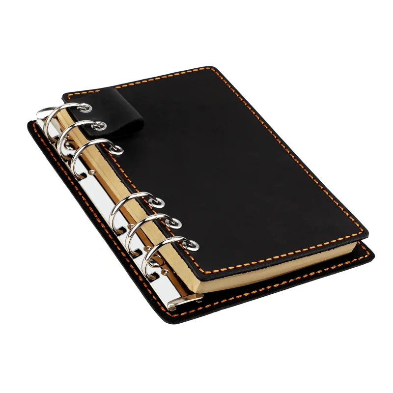 A6 gevşek yaprak defter vintage inek derisi defter el yapımı 6 delikli metal bağlayıcı defter, kalem takılı, çılgın at derisi günlüğü
